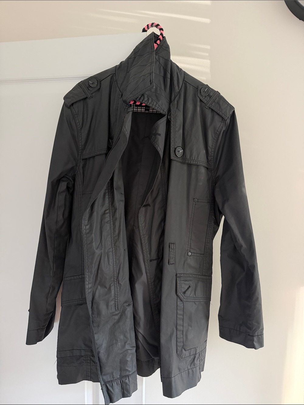 Men's Black Trench Coat with Military-Inspired Details